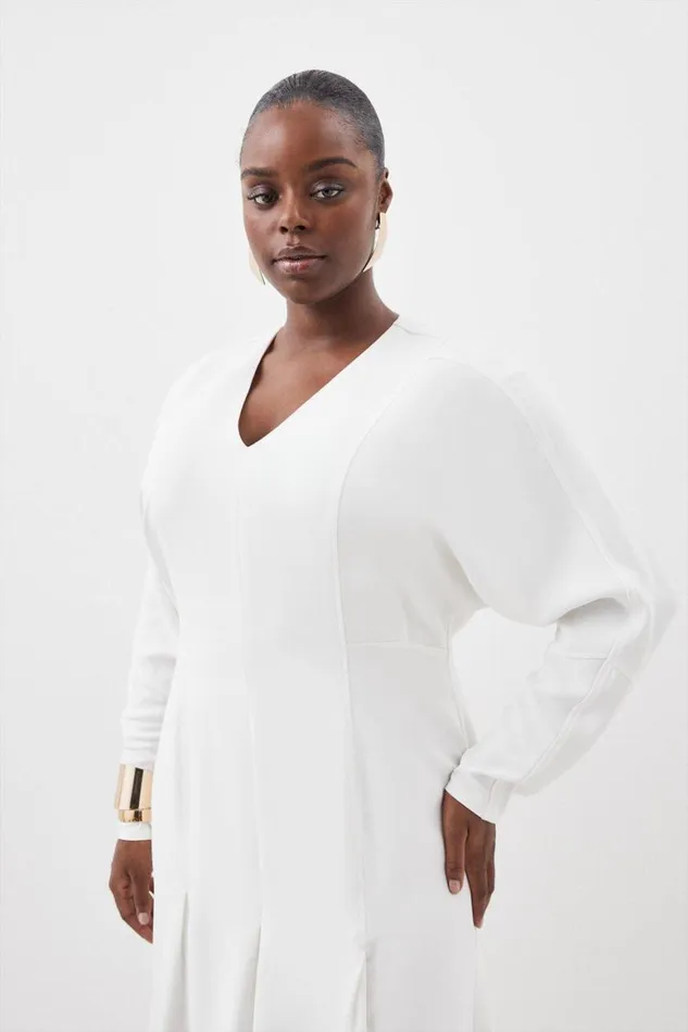 Dresses Women Karen Millen Plus Size Premium Viscose Crepe V Neck Long Sleeve Woven Midi Dress Ivory