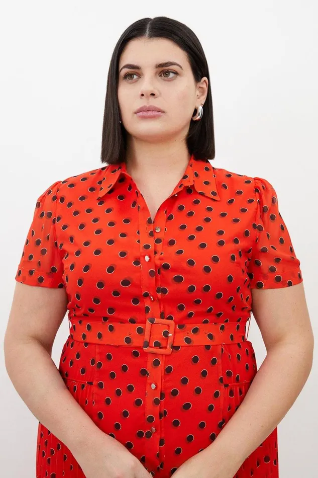 Dresses Women Karen Millen Plus Size Spotty Pleated Georgette Woven Shirt Midi Dress Red
