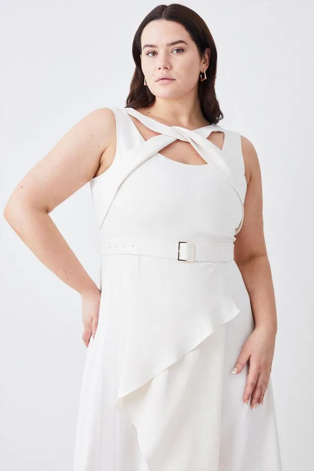 Dresses Women Karen Millen Plus Soft Tailored Tie Neck Detail Waterfall Maxi Length Ivory