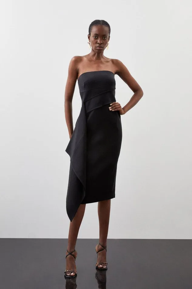 Dresses Women Karen Millen Polished Viscose Bandeau Drape Waist Midi Dress Black