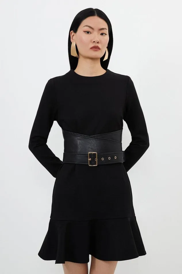 Dresses Women Karen Millen Ponte And Pu Mix Buckle Detail Mini Dress Black