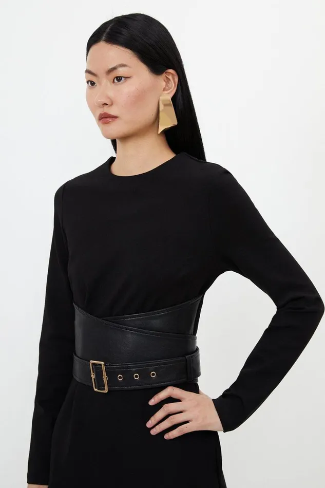 Dresses Women Karen Millen Ponte And Pu Mix Buckle Detail Mini Dress Black