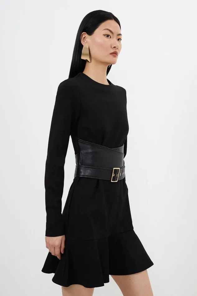 Dresses Women Karen Millen Ponte And Pu Mix Buckle Detail Mini Dress Black