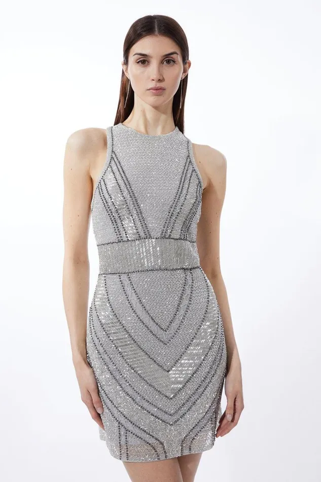 Dresses Women Karen Millen Premium Beading And Embellished Mini Dress Silver