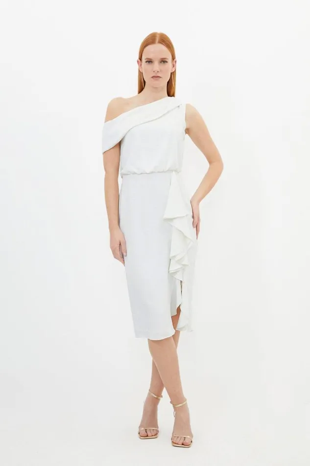 Dresses Women Karen Millen Premium Crepe Asymmetric Neck Drape Detail Midi Dress Ivory