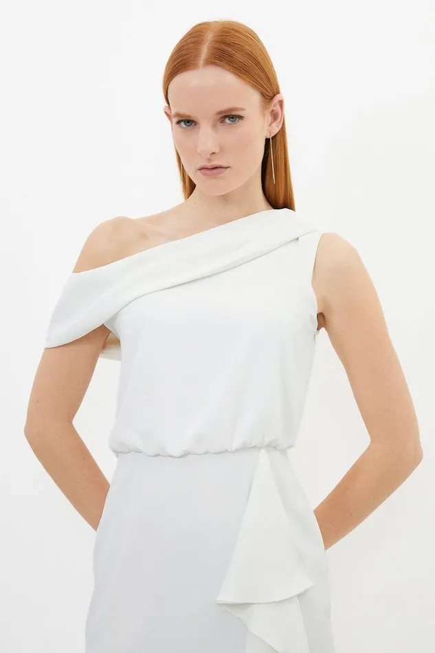 Dresses Women Karen Millen Premium Crepe Asymmetric Neck Drape Detail Midi Dress Ivory