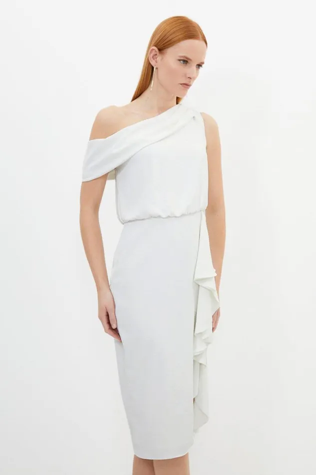 Dresses Women Karen Millen Premium Crepe Asymmetric Neck Drape Detail Midi Dress Ivory