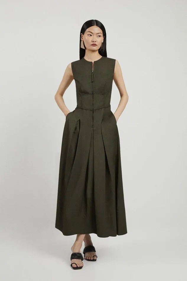 Dresses Women Karen Millen Premium Linen Twill Woven Sleeveless Maxi Dress Khaki