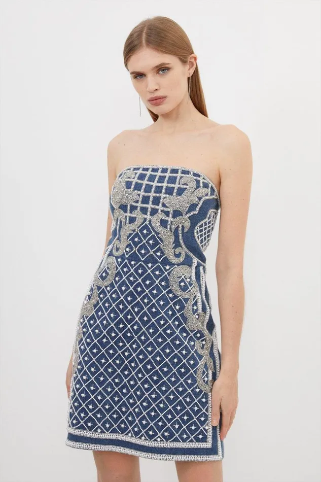 Dresses Women Karen Millen Premium Pearl Embellished Denim Woven Bandeau Mini Dress Denim Dresses Women Karen Millen Premium Pearl Embellished Denim Woven Bandeau Mini Dress Denim
