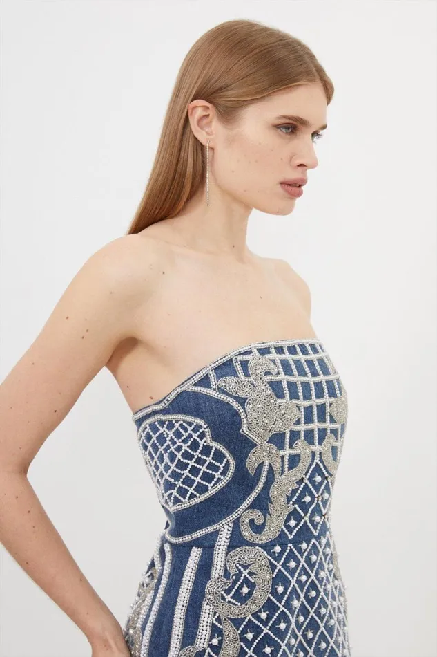 Dresses Women Karen Millen Premium Pearl Embellished Denim Woven Bandeau Mini Dress Denim