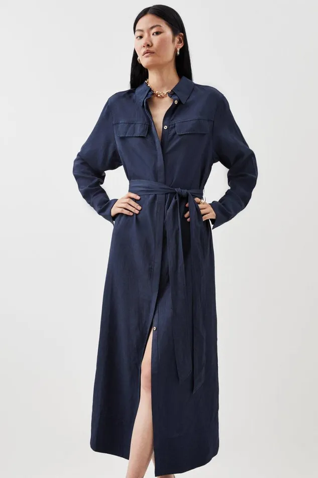 Dresses Women Karen Millen Premium Utility Linen Woven Midi Shirt Dress Navy