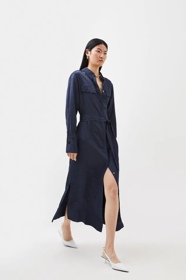 Dresses Women Karen Millen Premium Utility Linen Woven Midi Shirt Dress Navy