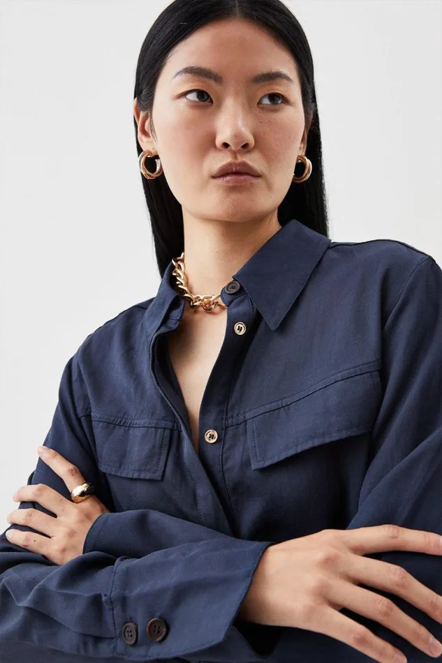 Dresses Women Karen Millen Premium Utility Linen Woven Midi Shirt Dress Navy