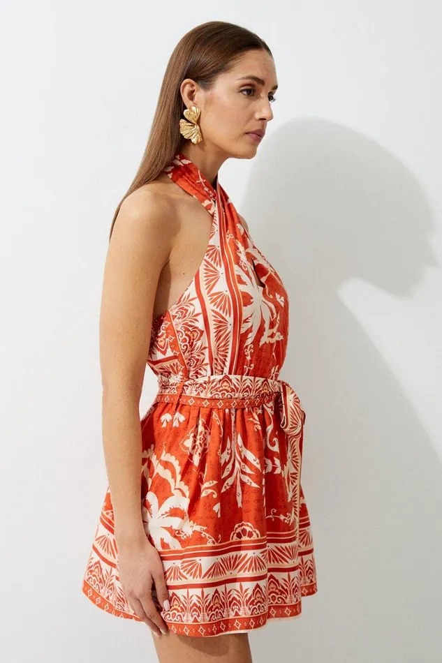 Dresses Women Karen Millen Printed Viscose Cross Body Woven Mini Dress Orange