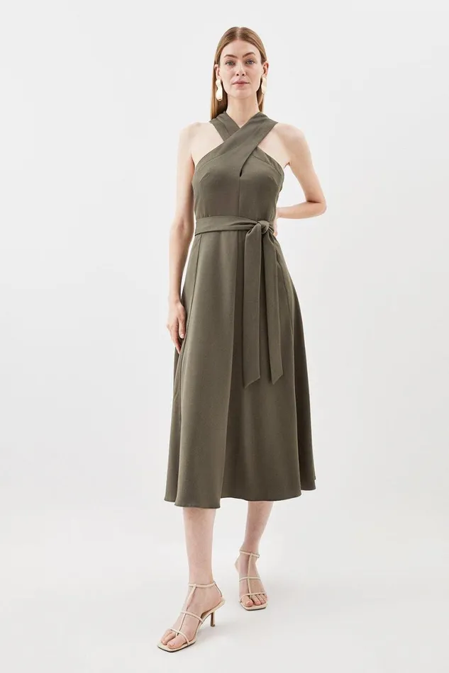 Dresses Women Karen Millen Relax Tailored Halter Belted Midi Dress Khaki