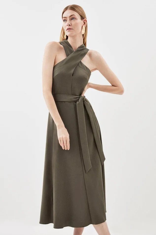 Dresses Women Karen Millen Relax Tailored Halter Belted Midi Dress Khaki
