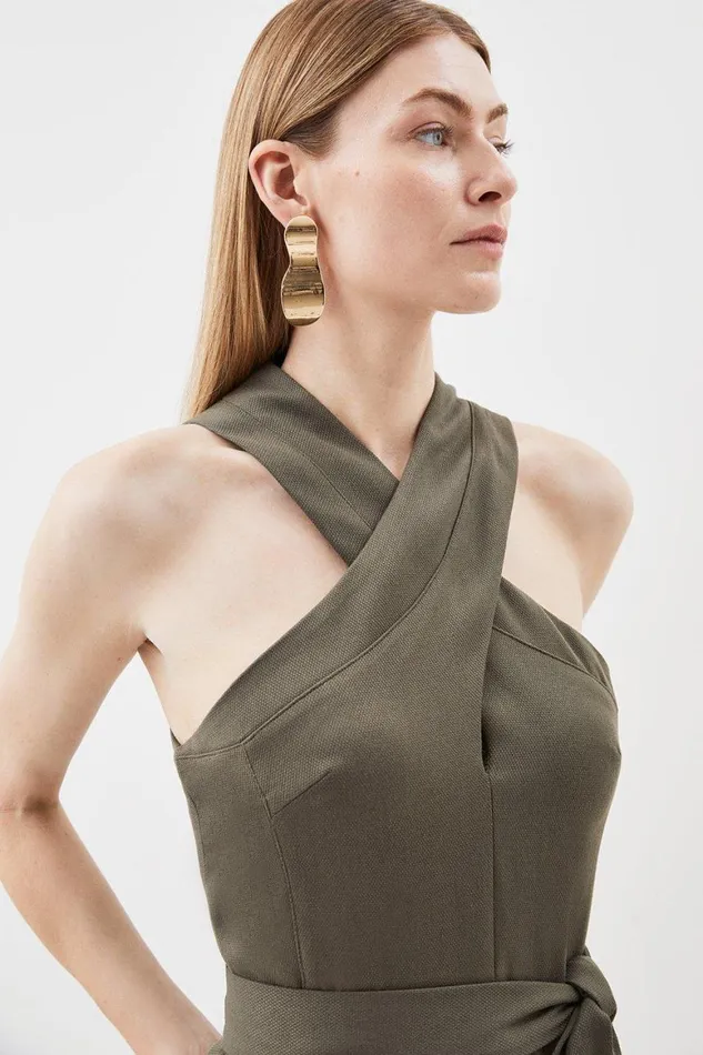 Dresses Women Karen Millen Relax Tailored Halter Belted Midi Dress Khaki