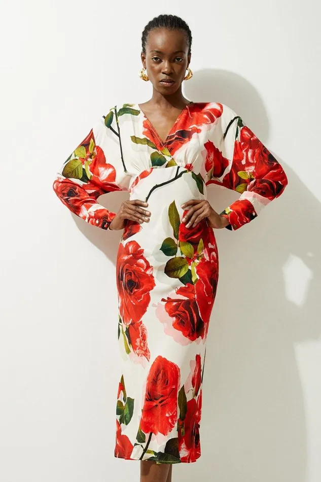 Dresses Women Karen Millen Rose Printed Morocain Woven V Neck Midaxi Dress Rose