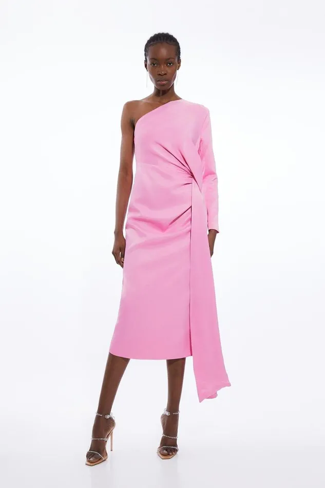 Dresses Women Karen Millen Satin Back Crepe One Shoulder Drape Midi Dress Blush