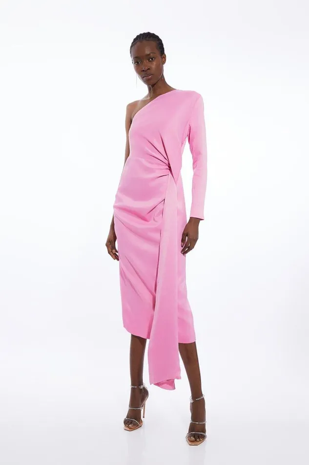 Dresses Women Karen Millen Satin Back Crepe One Shoulder Drape Midi Dress Blush
