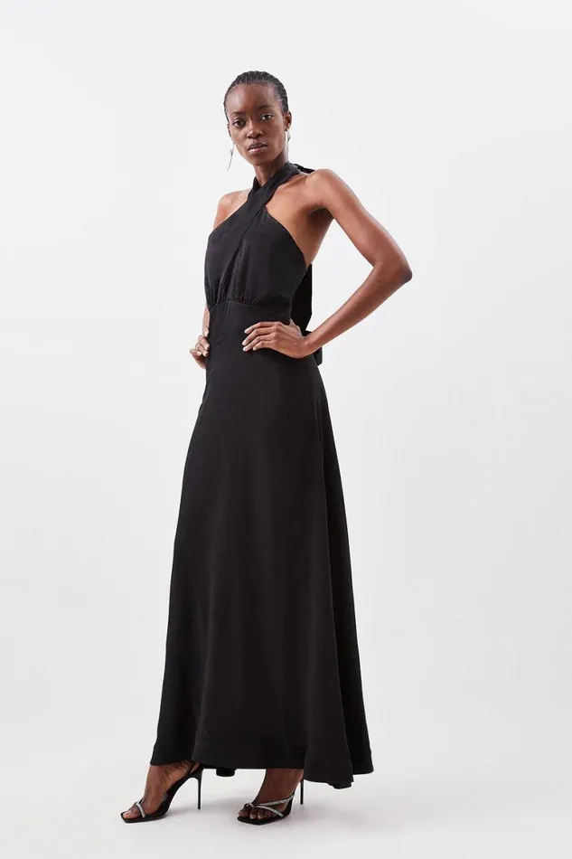 Dresses Women Karen Millen Satin Back Crepe Tailored Halter Neck Midi Dress Black