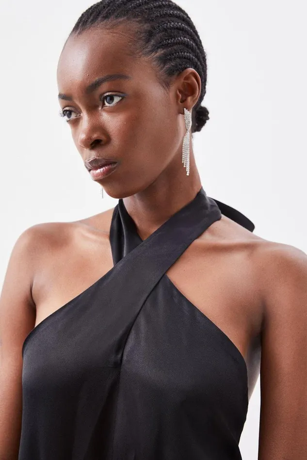 Dresses Women Karen Millen Satin Back Crepe Tailored Halter Neck Midi Dress Black