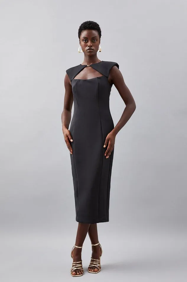 Dresses Women Karen Millen Scuba Crepe Bandeau Cut Out Woven Midi Dress Black