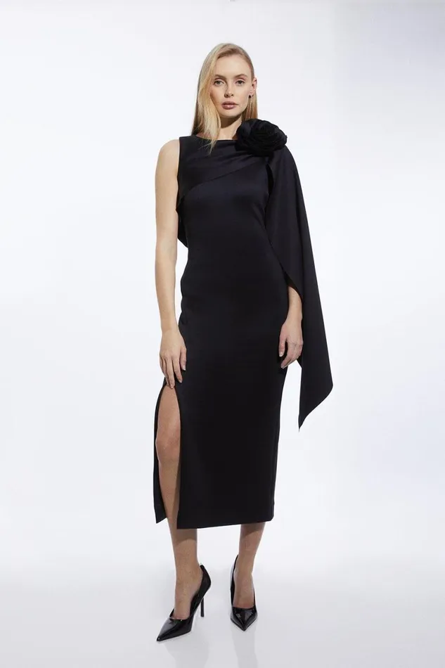 Dresses Women Karen Millen Scuba Crepe Dramatic Rosette Woven Cape Midi Dress Black