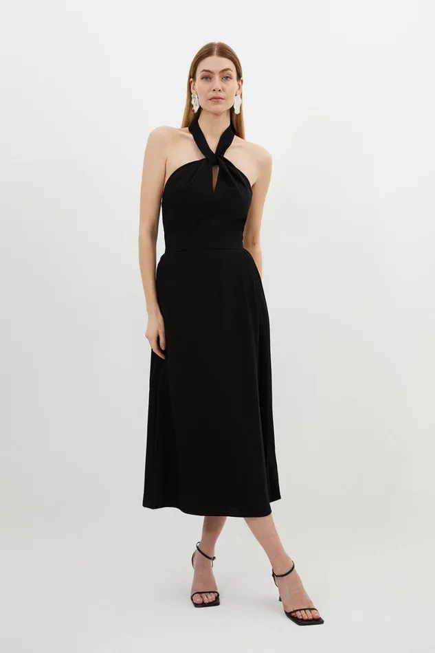 Dresses Women Karen Millen Soft Tailored Halter Tie Neck Pleat Detail Midi Dress Black