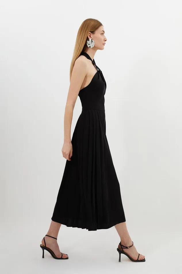 Dresses Women Karen Millen Soft Tailored Halter Tie Neck Pleat Detail Midi Dress Black