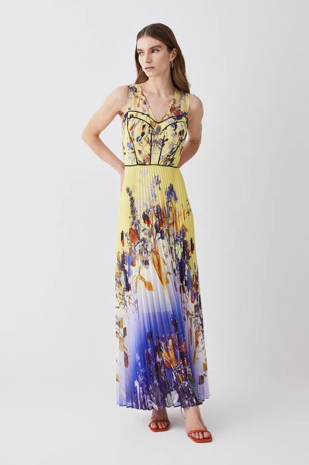 Dresses Women Karen Millen Spring Floral Pleat Corset Woven Maxi Dress Yellow