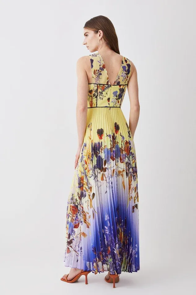 Dresses Women Karen Millen Spring Floral Pleat Corset Woven Maxi Dress Yellow