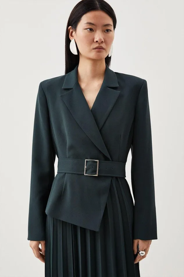 Dresses Women Karen Millen Tailored Blazer Belted Pleated Full Skirt Dress Forest