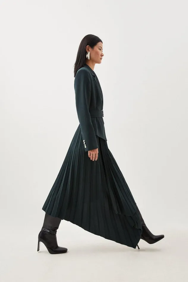 Dresses Women Karen Millen Tailored Blazer Belted Pleated Full Skirt Dress Forest