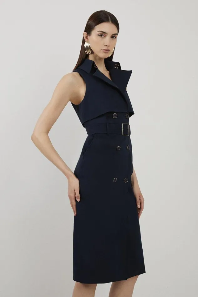 Dresses Women Karen Millen Tailored Cotton Double Breasted Storm Flap Detail Midi Shirt Dress Navy