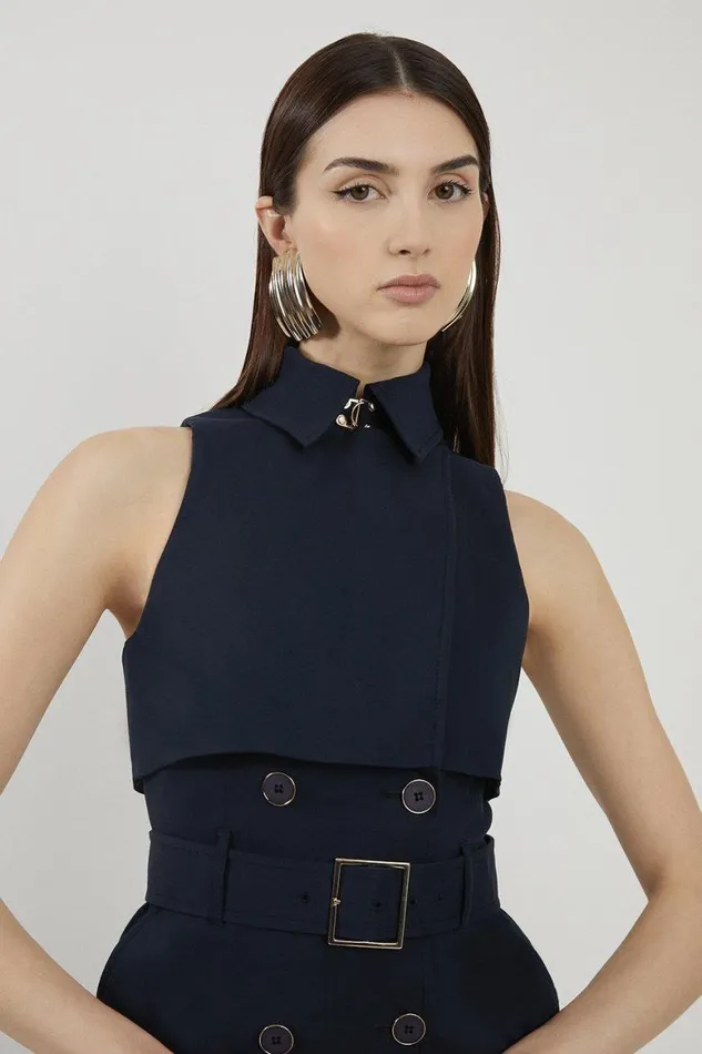 Dresses Women Karen Millen Tailored Cotton Double Breasted Storm Flap Detail Midi Shirt Dress Navy