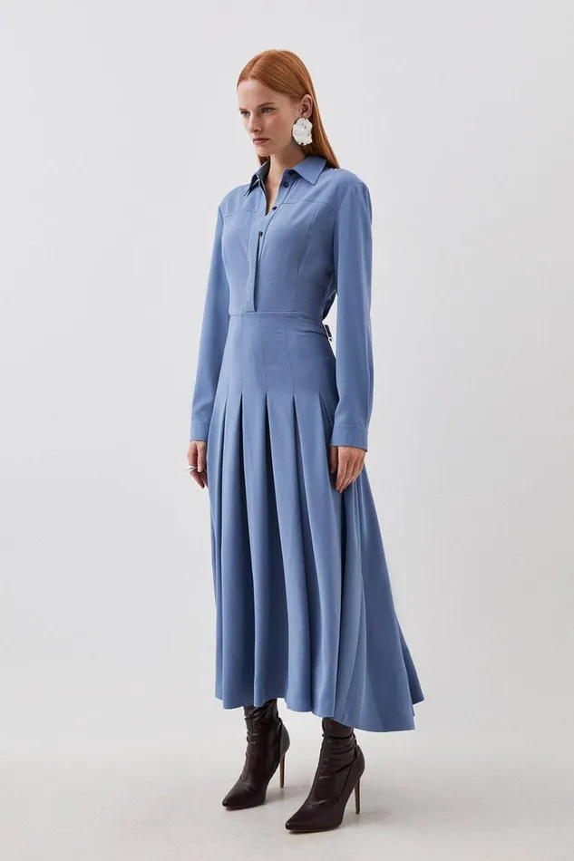 Dresses Women Karen Millen Tailored Crepe Pleated Midi Shirt Dress Mid Blue