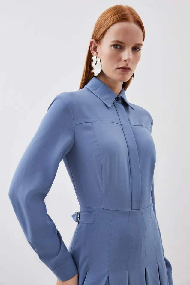 Dresses Women Karen Millen Tailored Crepe Pleated Midi Shirt Dress Mid Blue