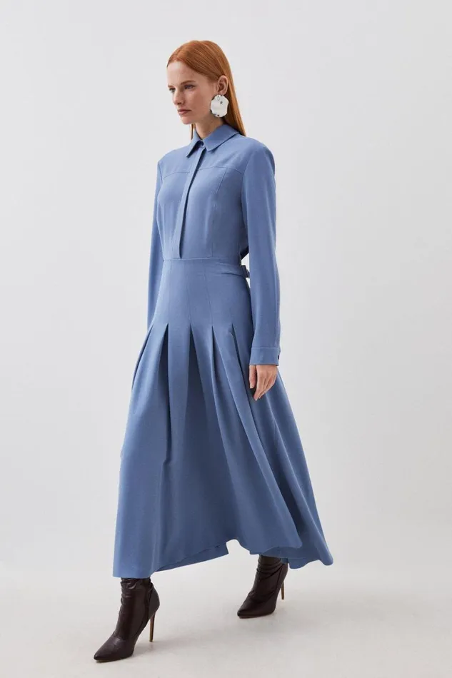Dresses Women Karen Millen Tailored Crepe Pleated Midi Shirt Dress Mid Blue