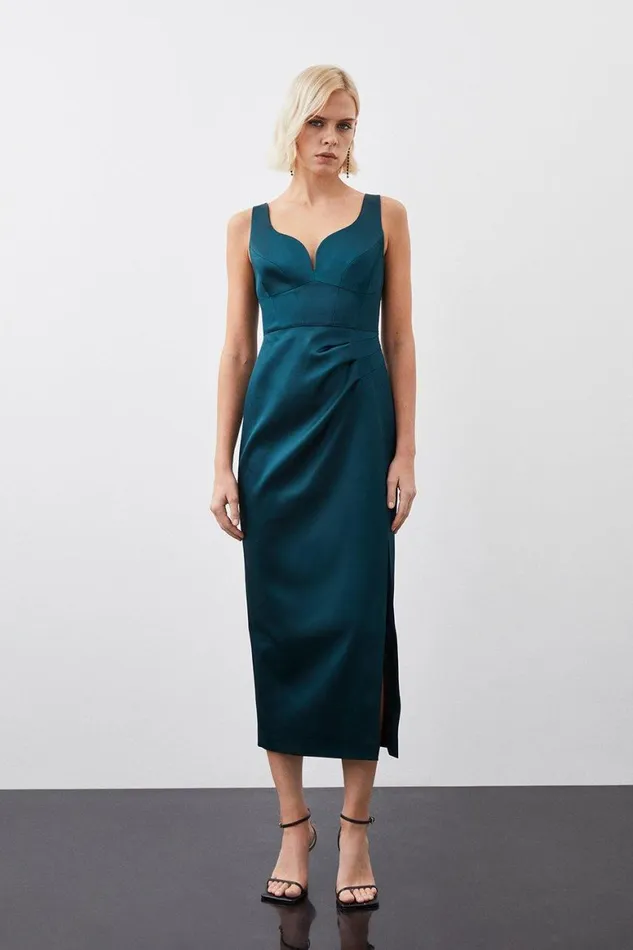 Dresses Women Karen Millen Tailored Italian Structured Satin Corset Detail Maxi Dress Emerald