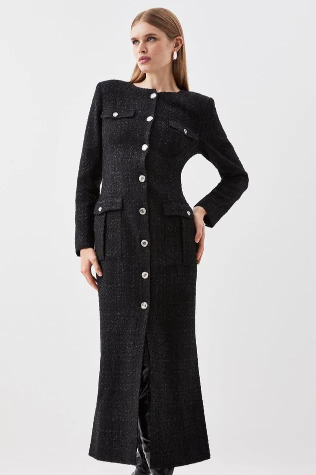 Dresses Women Karen Millen Tailored Sparkle Boucle Pocket Detail Long Sleeve Midi Dress Black