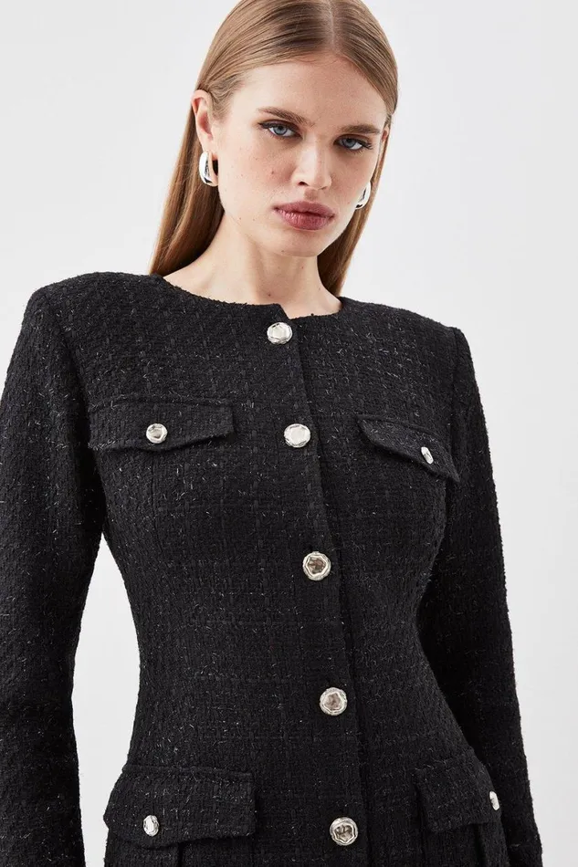 Dresses Women Karen Millen Tailored Sparkle Boucle Pocket Detail Long Sleeve Midi Dress Black