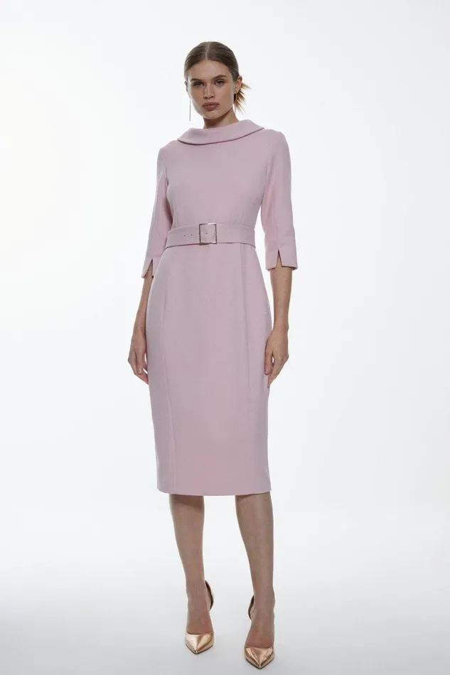 Dresses Women Karen Millen Tailored Structured Crepe Roll Neck Pencil Midi Dress Blush