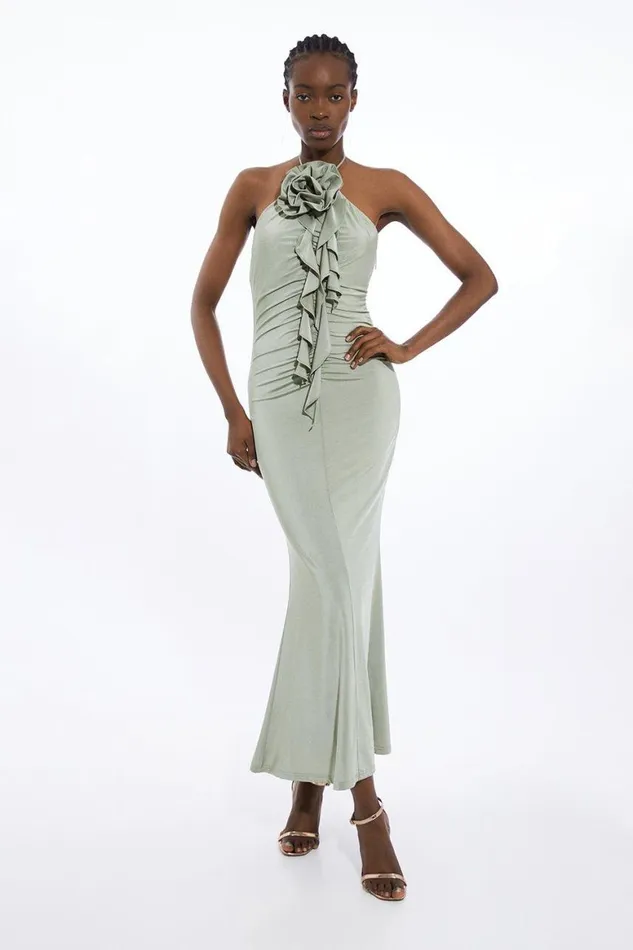 Dresses Women Karen Millen Tall Backless Tie Rosette Slinky Jersey Maxi Dress Sage