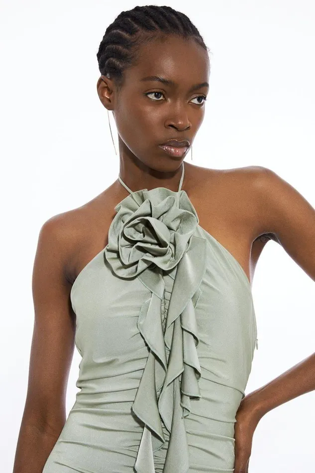 Dresses Women Karen Millen Tall Backless Tie Rosette Slinky Jersey Maxi Dress Sage