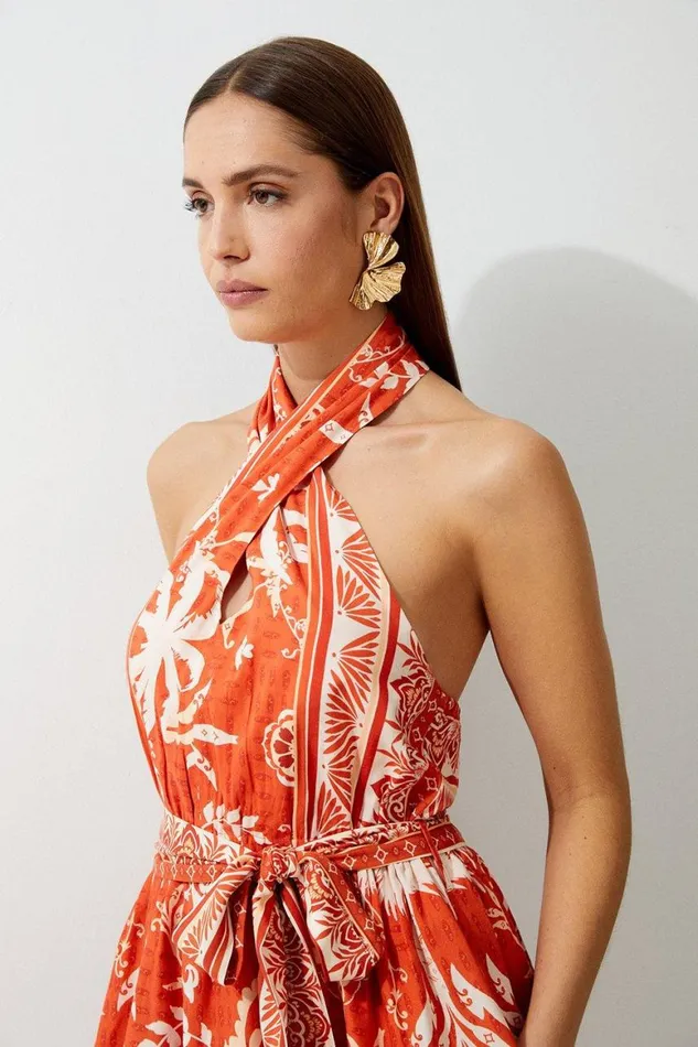 Dresses Women Karen Millen Tall Printed Viscose Cross Body Woven Mini Dress Orange