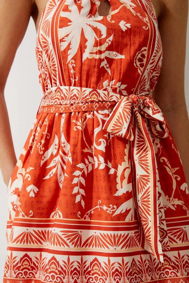 Dresses Women Karen Millen Tall Printed Viscose Cross Body Woven Mini Dress Orange