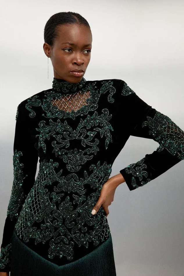 Dresses Women Karen Millen Velvet Baroque Fringe Woven Maxi Dress Green