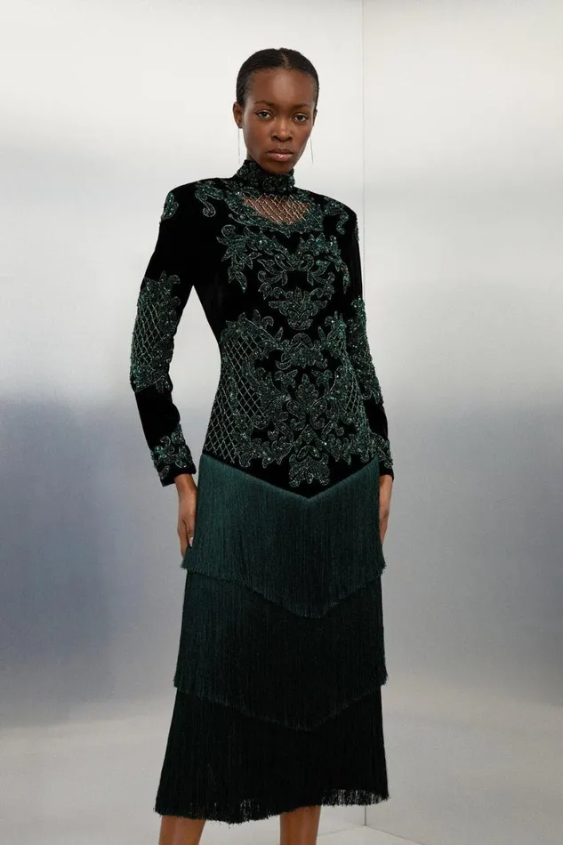 Dresses Women Karen Millen Velvet Baroque Fringe Woven Maxi Dress Green