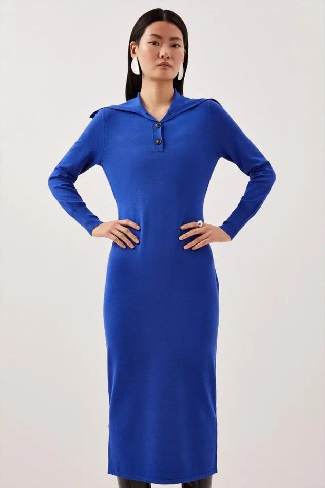 Dresses Women Karen Millen Viscose Blend Fly Collar Knitted Midi Dress Cobalt
